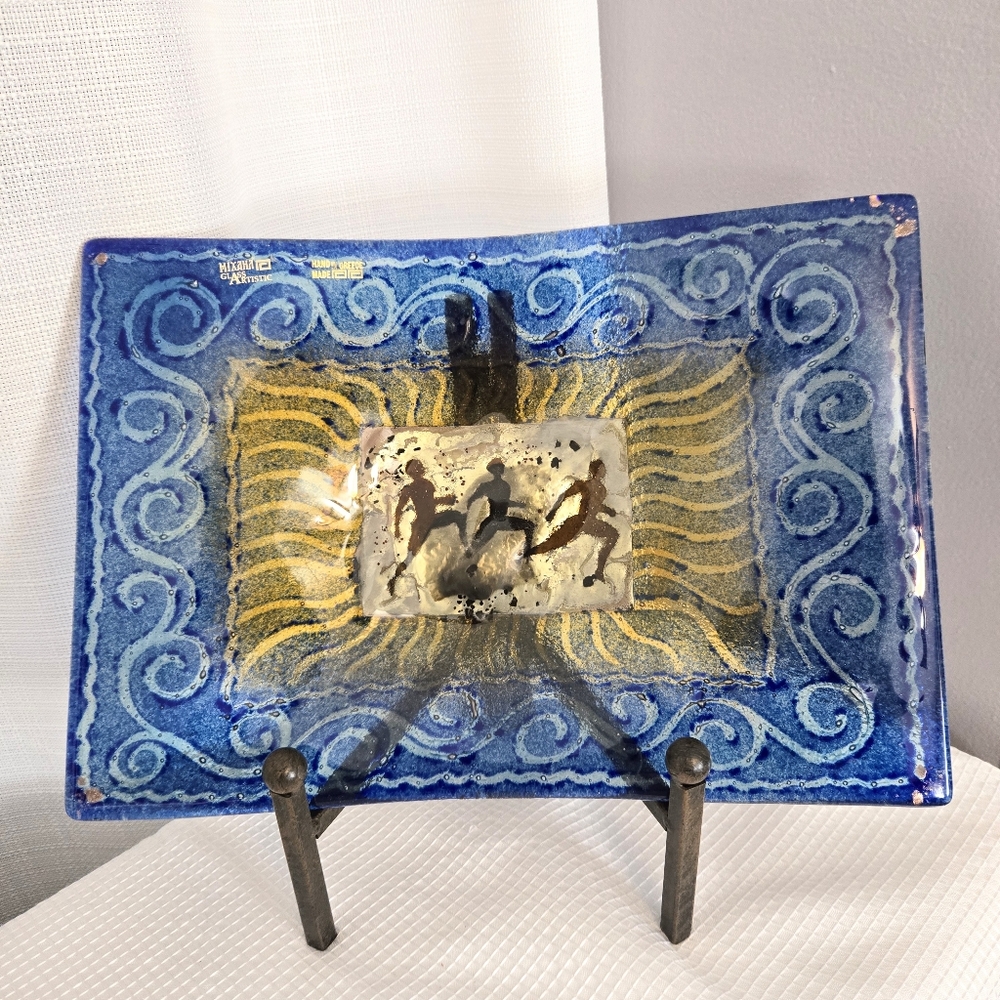Mixaha Art Hlass Console Centerpiece Dish  Fused Running Men Swirls Greece